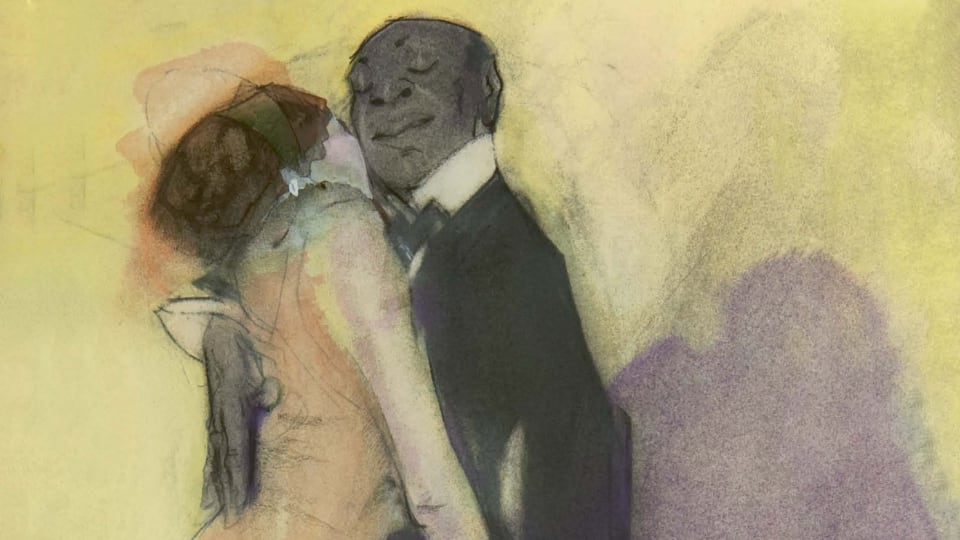 Boekomslag Balts - fragment - "Dancing the tango" - pastel en gouache door Piet van der Hem